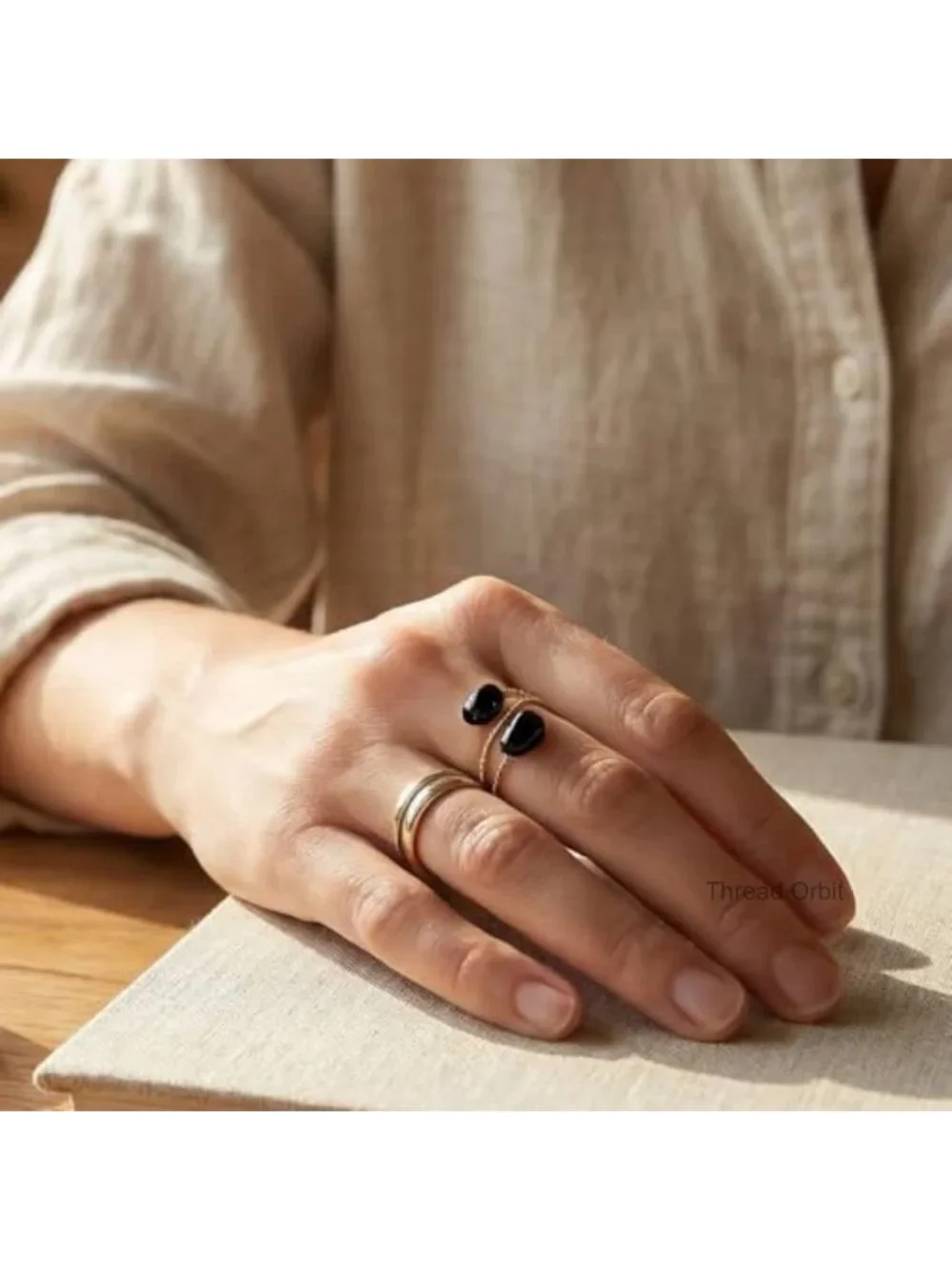 Adjustable Gold Statement Ring with Natural Obsidian Stone